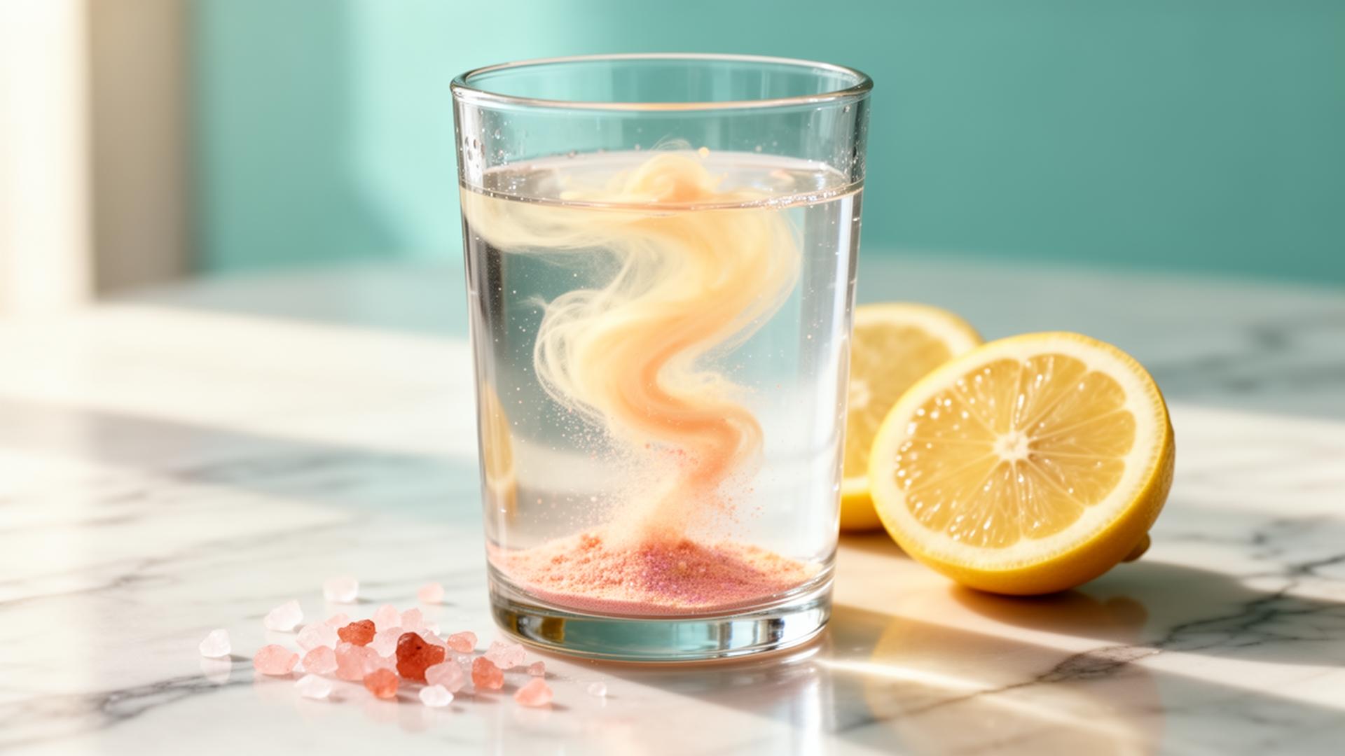 A glass of water with electrolyte powder dissolving, lemon and pink salt on a marble surface