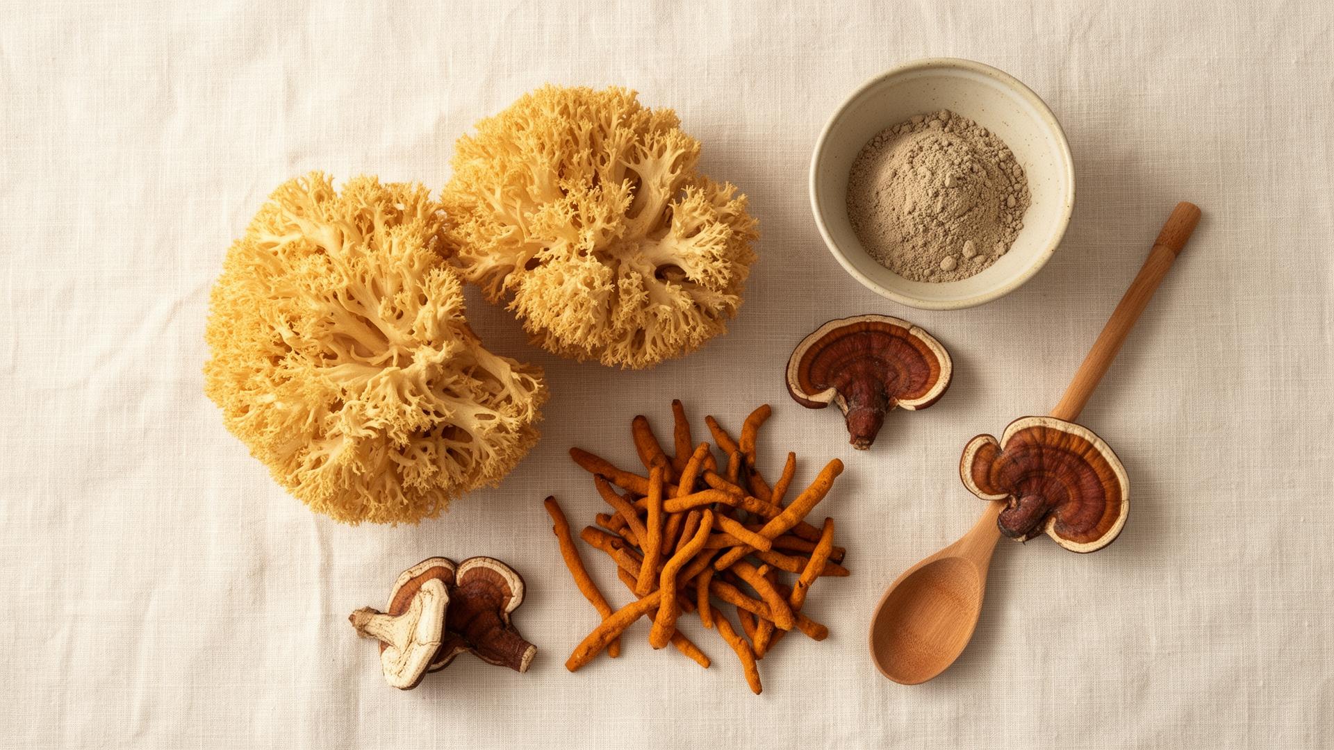 Lion's mane, cordyceps, and reishi mushrooms on a cream linen background