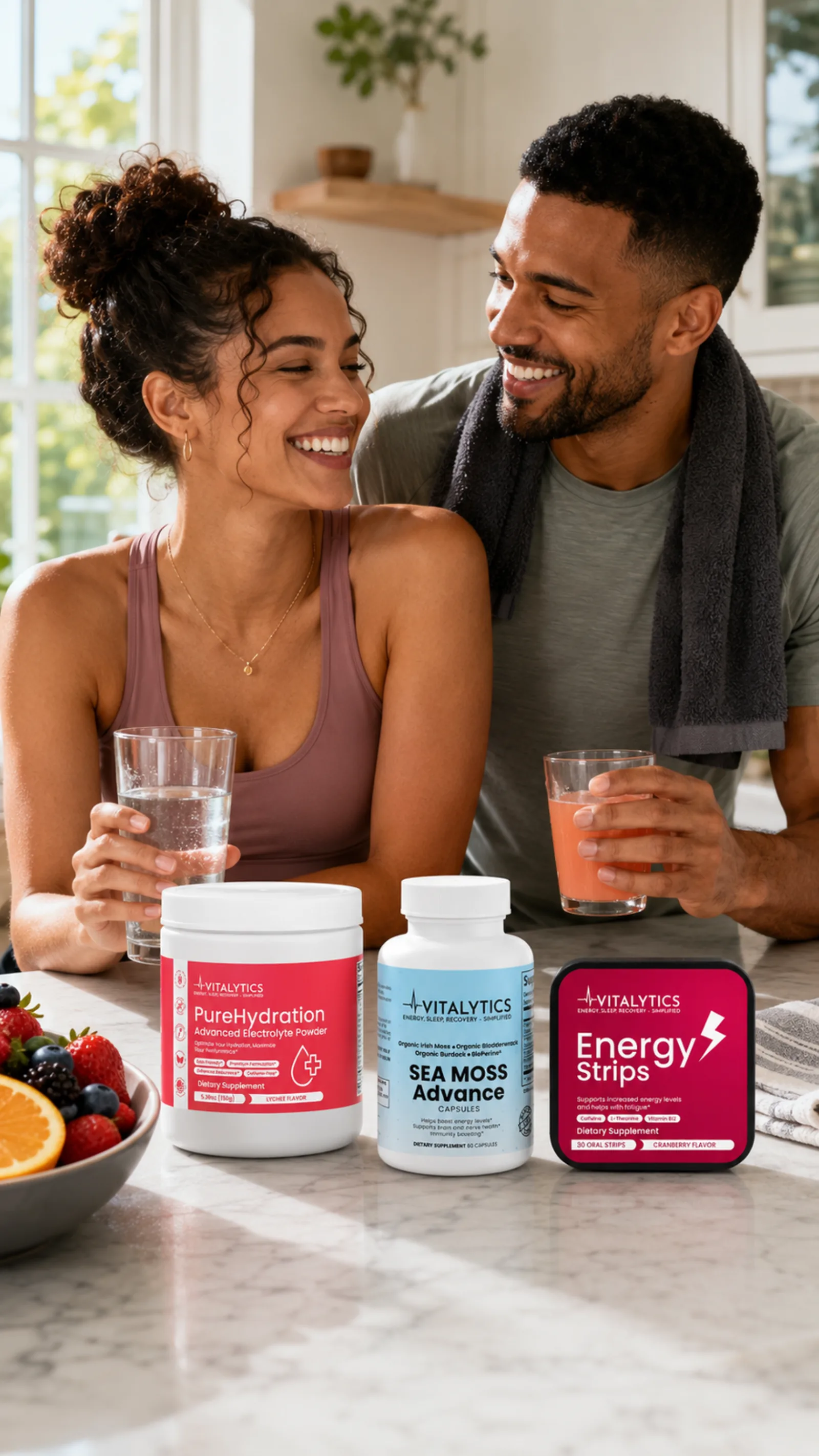 Couple in a bright kitchen with Vitalytics products on the counter.