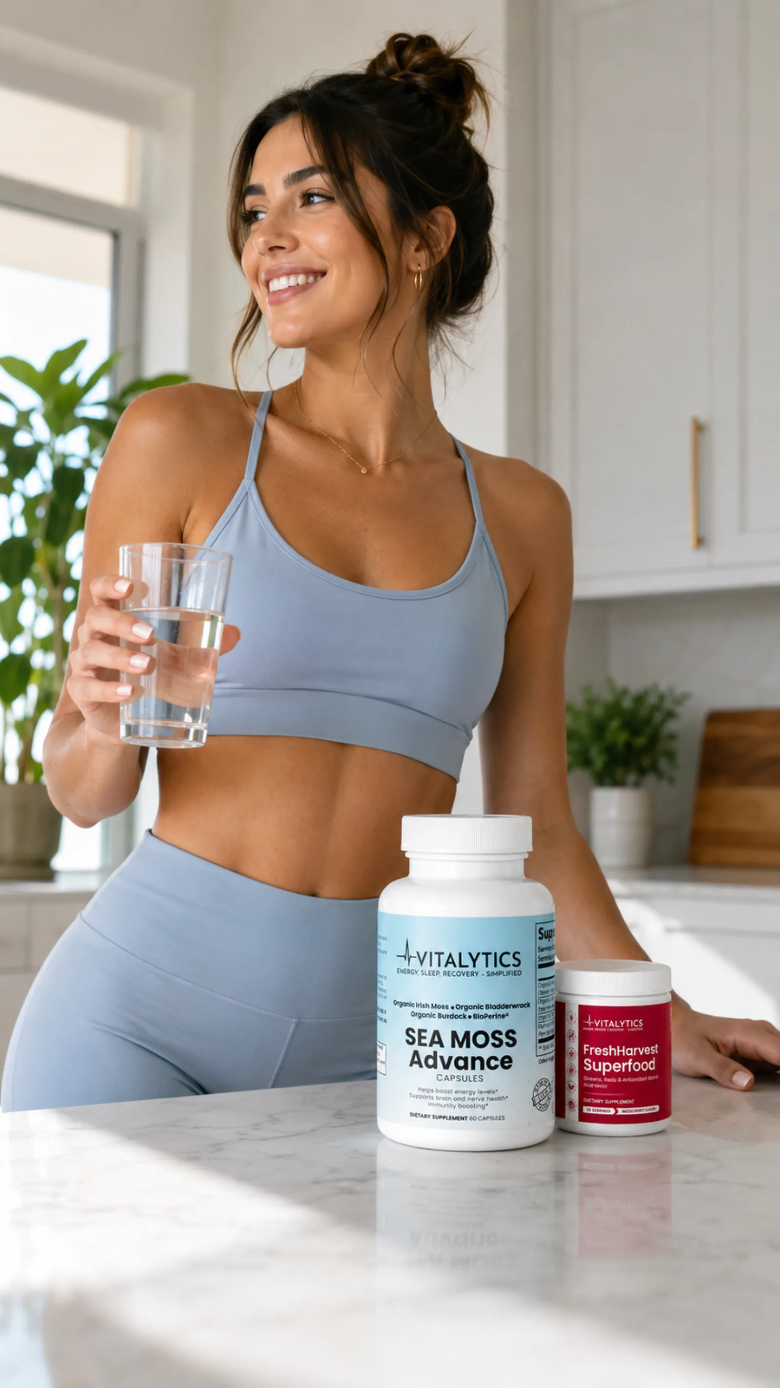 Woman holding a glass of water beside Vitalytics products on a kitchen counter.