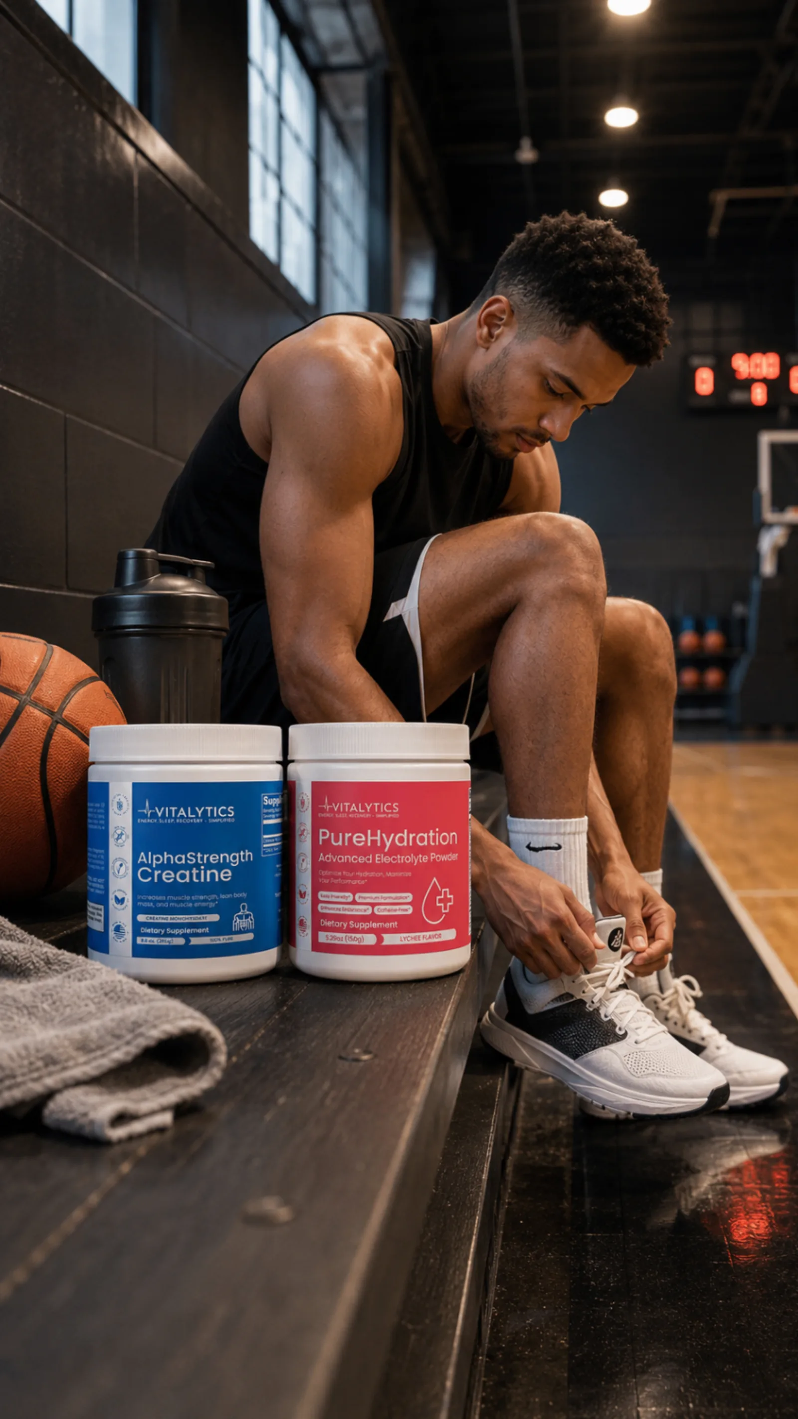 Basketball player tying his shoes beside Vitalytics Creatine and PureHydration on a dark indoor court.