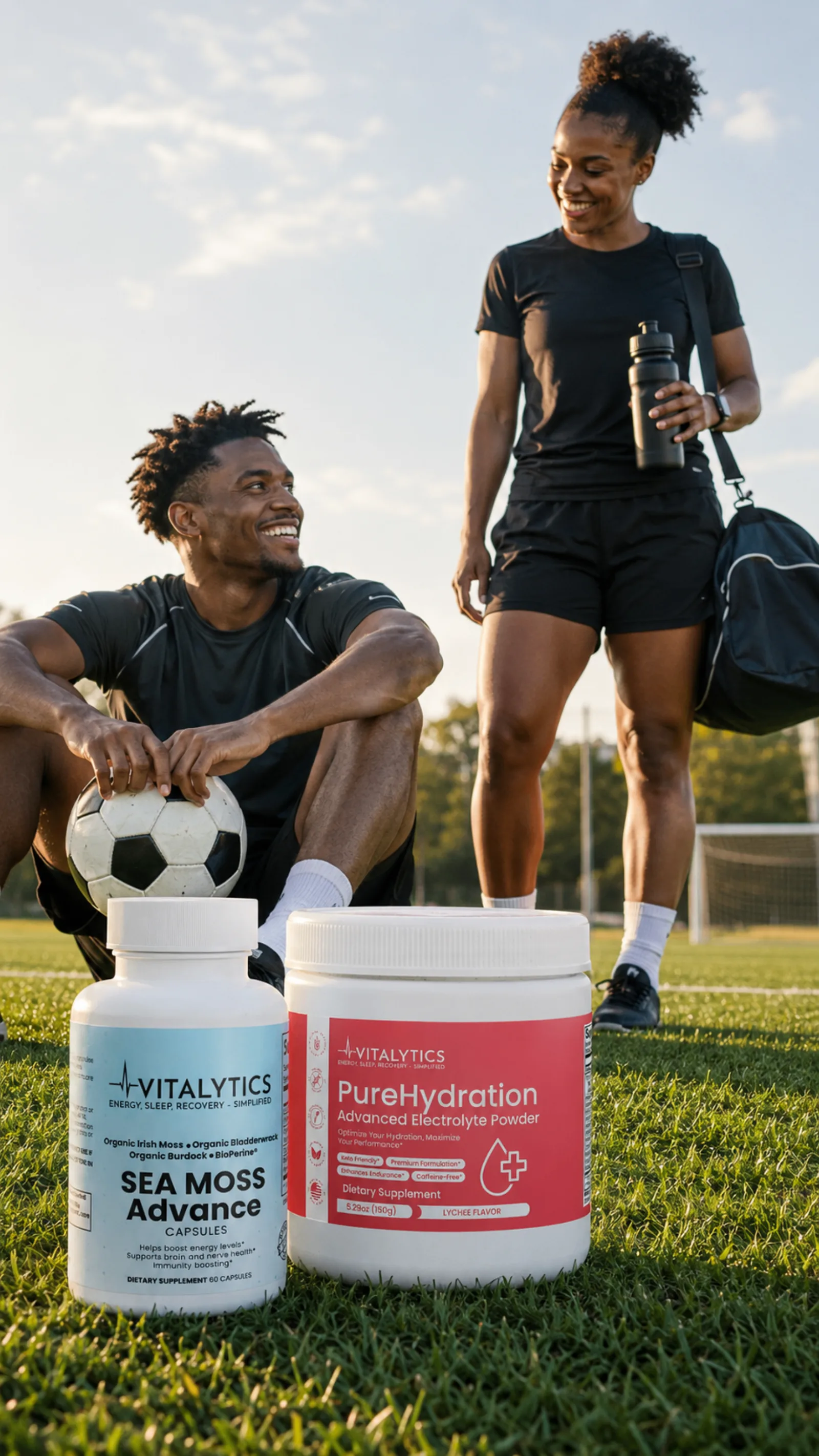 Two athletes on a soccer field with Vitalytics Sea Moss Advance and PureHydration in the foreground.