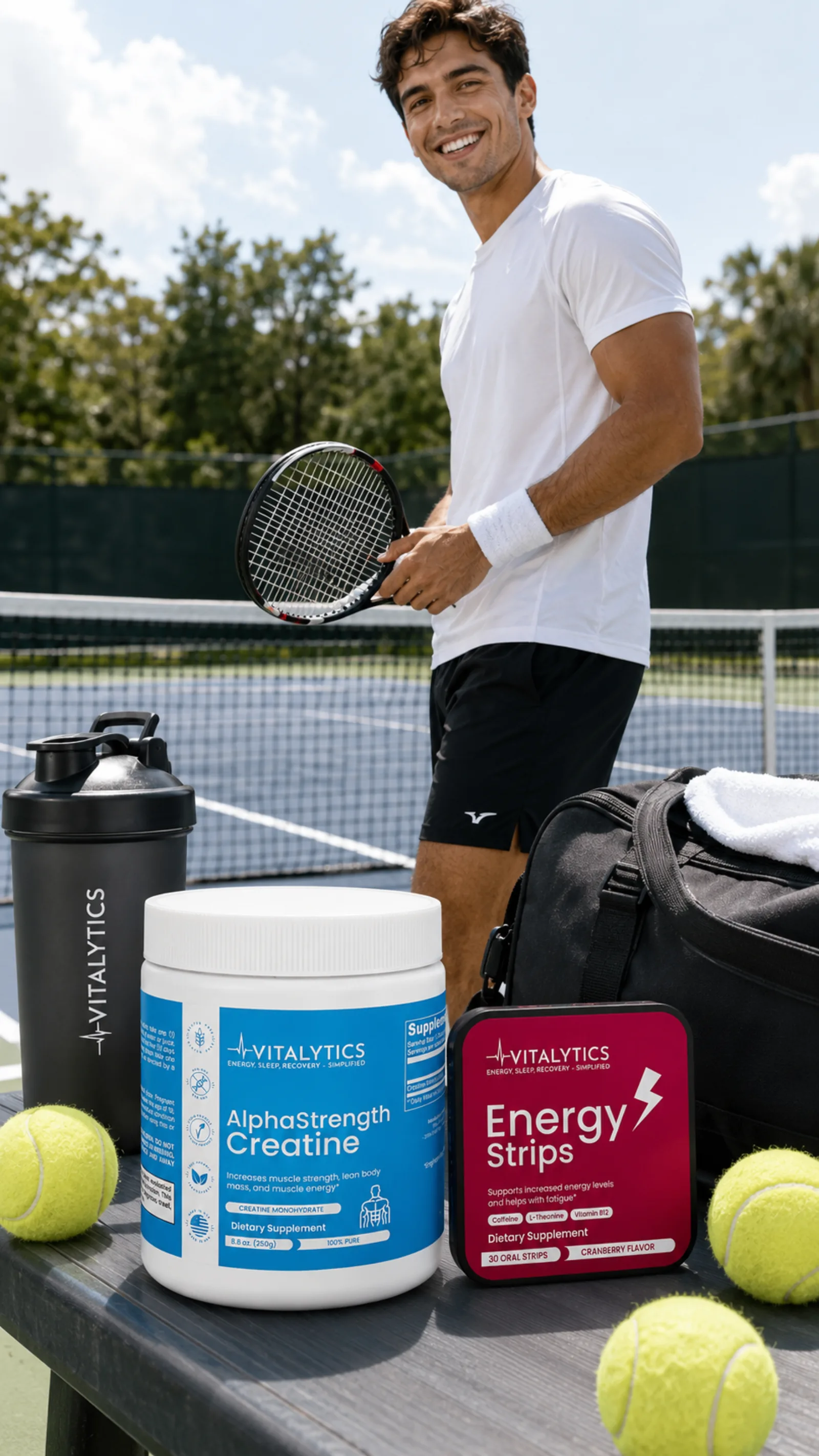 Tennis player beside AlphaStrength Creatine and Energy Strips on a courtside table with tennis balls.