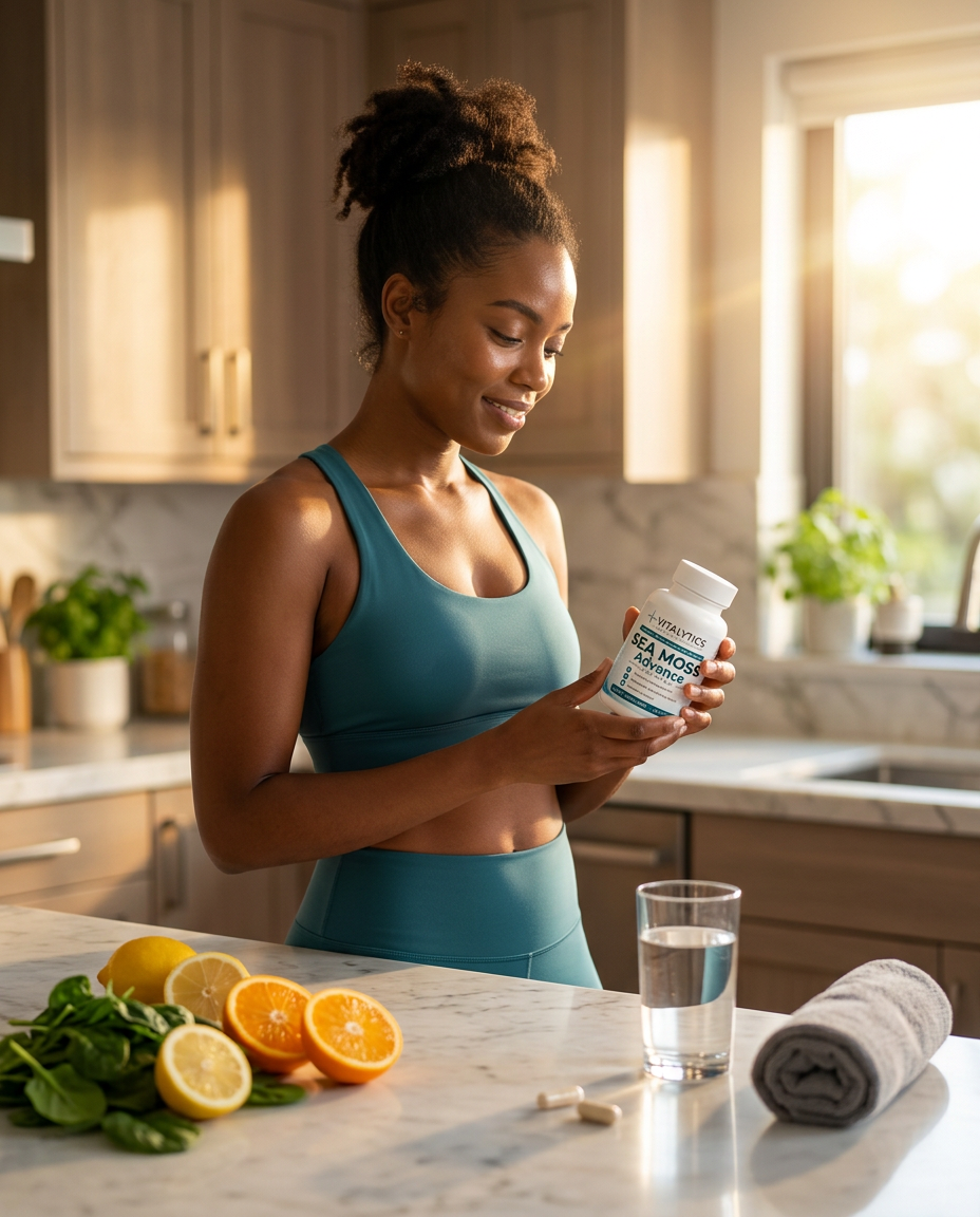 Black woman in a bright kitchen holding a glass of water with Sea Moss gel, greens, and a green smoothie on the counter.